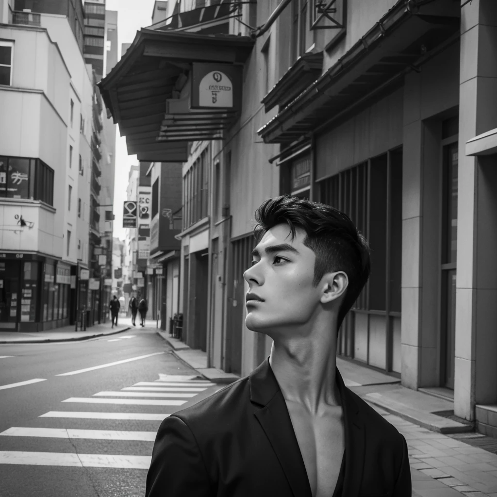 arafed man standing on the side of a street next to a building, slightly defined jawline, masculine jawline, masculine jawline!, prominent jawline, well defined jawline, sharp jawline, thick jawline, strong jawline, inspired by Xiao Yuncong, defined jawline, chiseled jawline, side profile portrait, handsome chad chin
