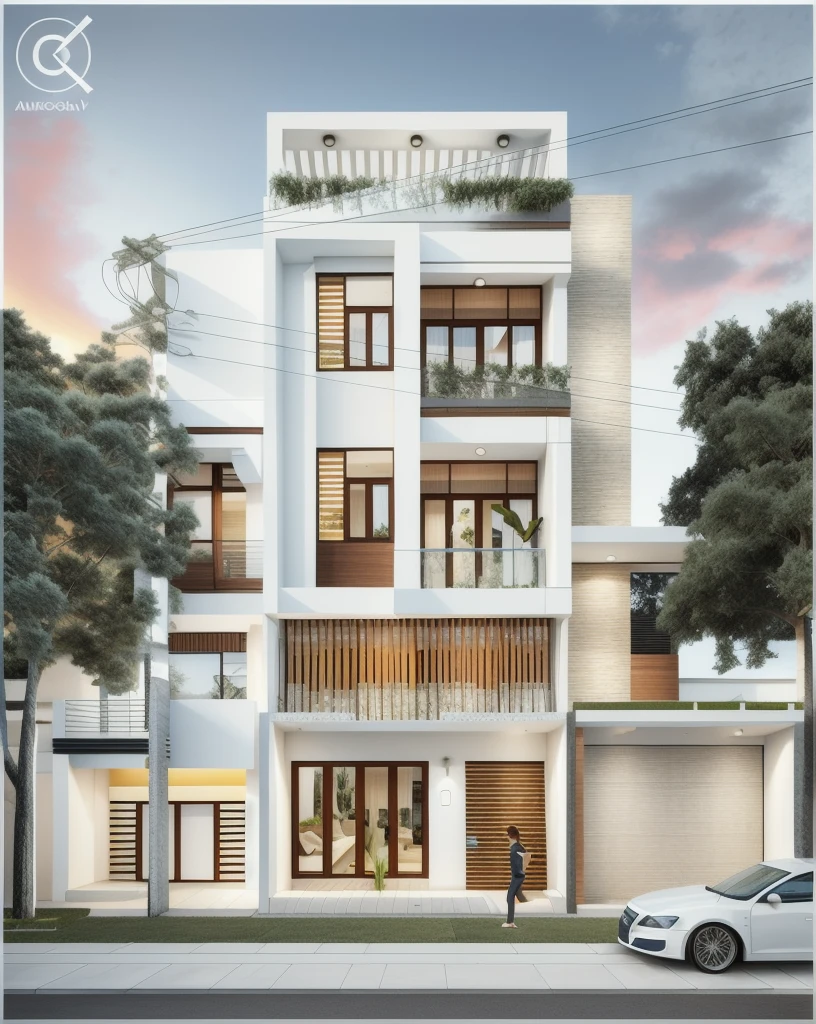 modern townhouse on street, (sunset), tropical tree, vivid colour, streetcapes, white tone, white wall, large glass door, (warm interior lighting:1.2), wood and marble, best quality, 18ArchiAI_VL-v1