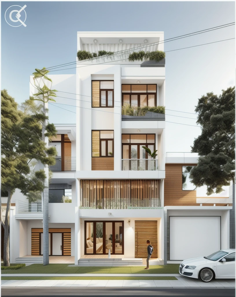 modern townhouse on street, (sunset), tropical tree, vivid colour, streetcapes, white tone, white wall, large glass door, (warm interior lighting:1.2), wood and marble, best quality, 18ArchiAI_VL-v1