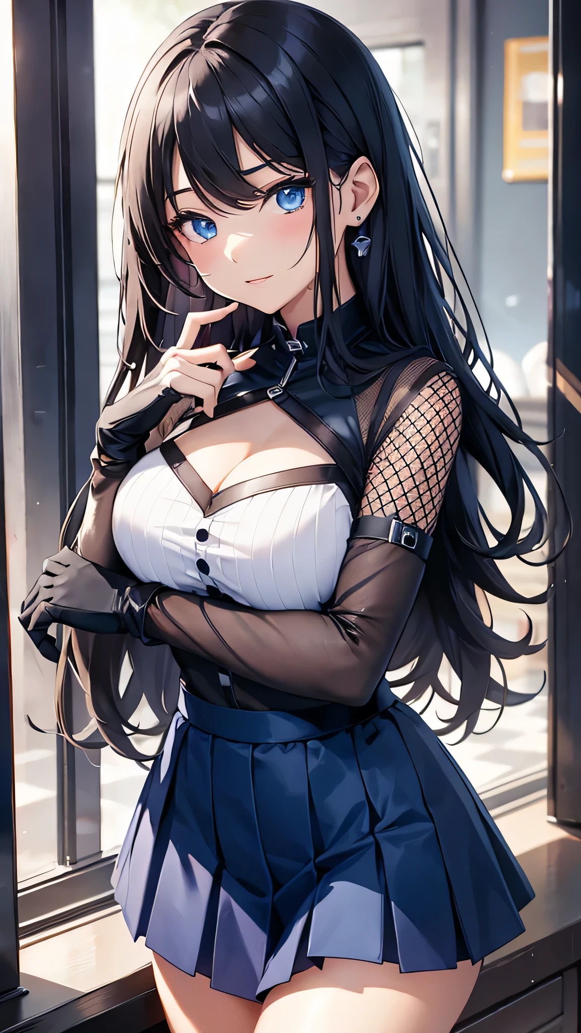 最high quality、Best image quality、masterpiece、With a girl((cute、20-year-old、Best Bust、Medium Bust、Bust 85,Beautiful Blue Eyes、Spread your chest wide,Long black hair、Slender、The best valley、、Blue Y-shirt、White short skirt,Show the whole body、Black perforated gloves,Blue Mesh,The gesture of lifting one's hair、Leaning forward greatly))high quality、Beautiful art、background((School、School zone、Strong winds)),Tabletop、Exquisite design、Visual Arts、Depth of written boundary、Best lighting、Highest detail、8k