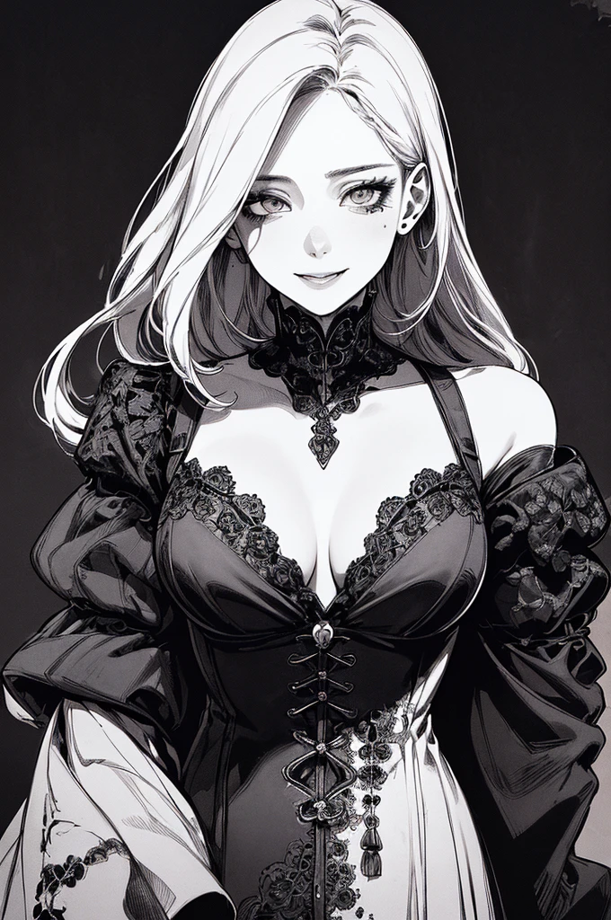 Highest quality, (Background details), High Contrast, Very beautiful woman, Detailed original illustrations、functional、Delicate face、Charm、Villainess、sexy、Real breasts、Crazy Smile, Crazy Eyes, Head close-up, Black background, (Black background: 1.5), Beautiful line art、Monochrome