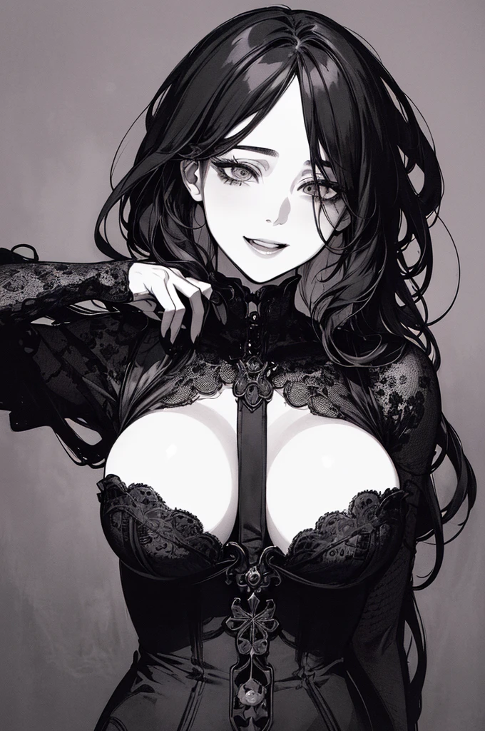 Highest quality, (Background details), High Contrast, Very beautiful woman, Detailed original illustrations、functional、Delicate face、Charm、Villainess、sexy、Real breasts、Crazy Smile, Crazy Eyes, Head close-up, Black background, (Black background: 1.5), Beautiful line art、Monochrome