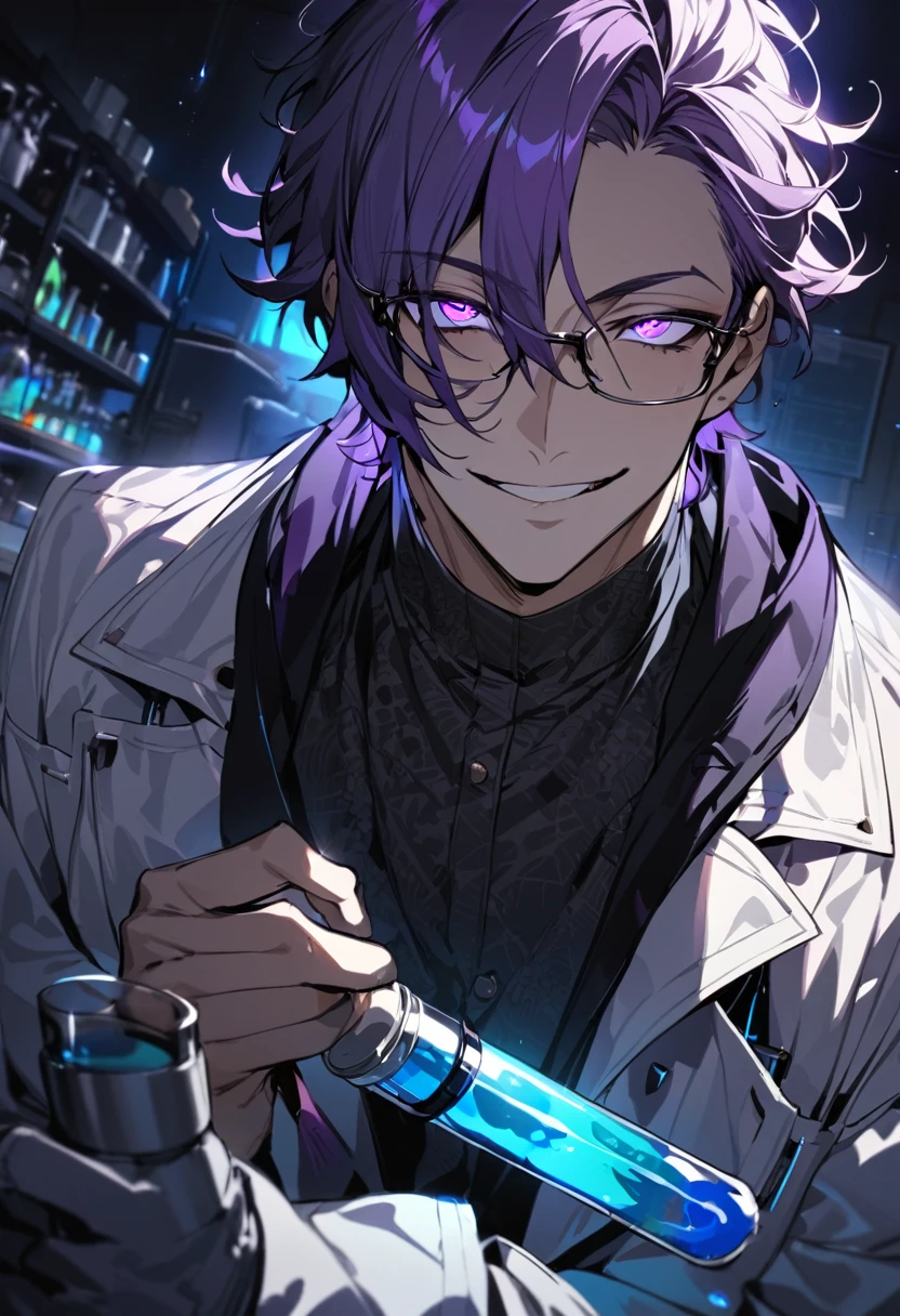 (masterpiece, best quality), detailed face, solo, 1man, messy short hair, bishounen, mad scientist, scientist coat, glasses, lens flare, maniacal smile, sharp eyes, glowing eyes, holding science test tube, portrait, in laboratory, dark shadows, contrast, science, handsome, purple hair
