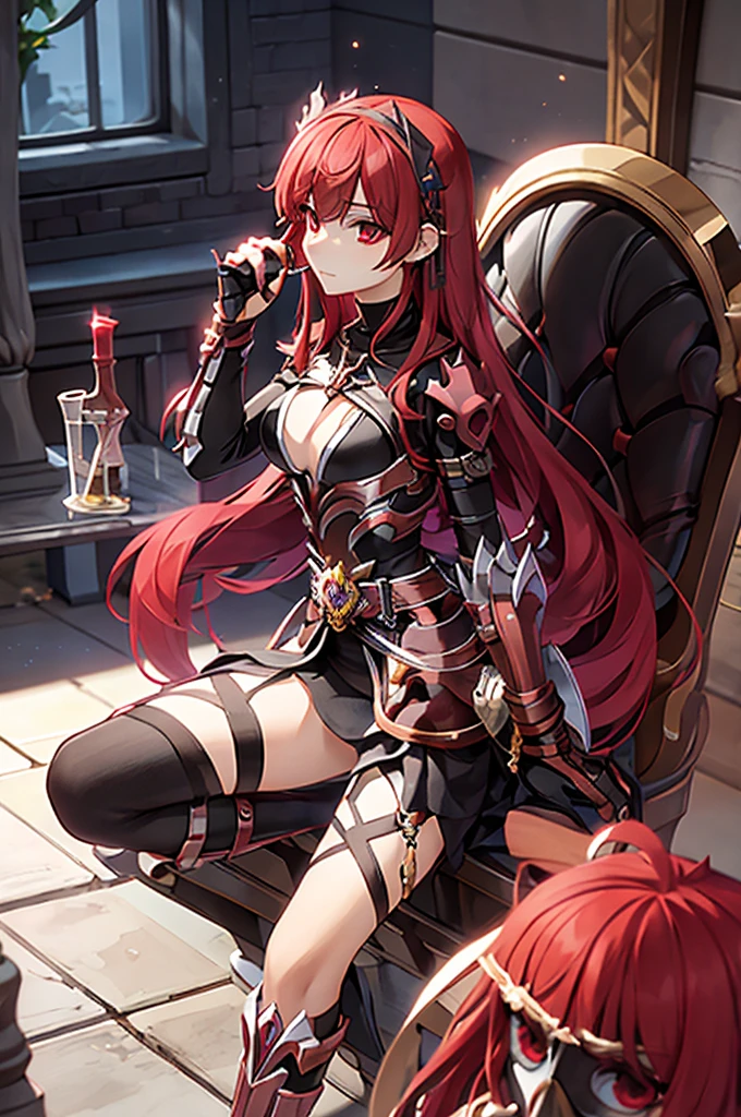 score_9, score_8_up, score_7_up, score_6_up, score_5_up, score_4_up, source_アニメ, tomboy girl, long hair, Bust Cup B , open-chest outfit, Guillotine Cross Set, breastplate, waist armor, Armor, red hair, metal hair accessories, red eyes, Sparkling eyes, sit, His right hand holds a vial of Potions. , Potions glass bottle, skull shape, clear glass, crystal Potions, clear red, light particles, Magical light