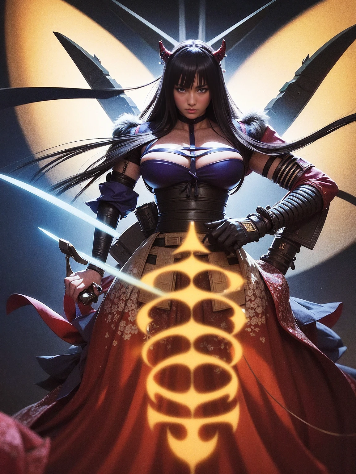 samurai shodown,western movie,east meets west,versus gun man,beautiful adult plump upperbody middle age ninja lady,100blade,100gun,A hyper Anime art,Illustration,High resolution,8K,Very detailed,Best Illustration,Best Quality,ultra-detailliert,masterpiece,
