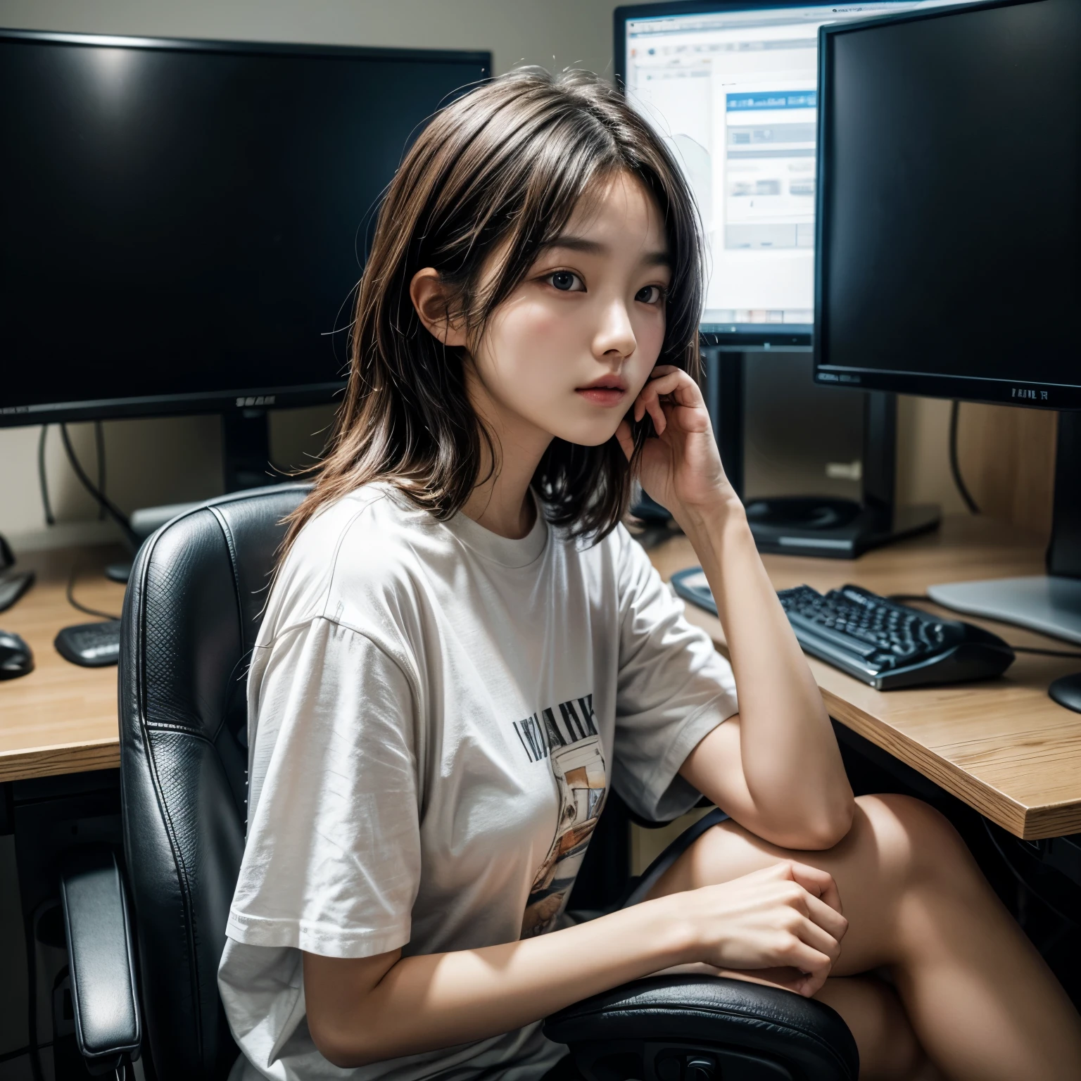 18 years old korean female（lifelike， high - resolution：1.3）， 1 girl with a perfect body, detailed eyes, Super fine face and eyes，hair wavy bob, only wearing oversize t-shirt, Sitting in a gaming chair, background bedroom, (detailed monitor:1,2), 1 gaming monitor, (detailed hand:1,2), (detailed controller:1,2) side view, sharp focus, (lighting like a movie), Soft lighting, [:(Detailed face:1.2):0.2]