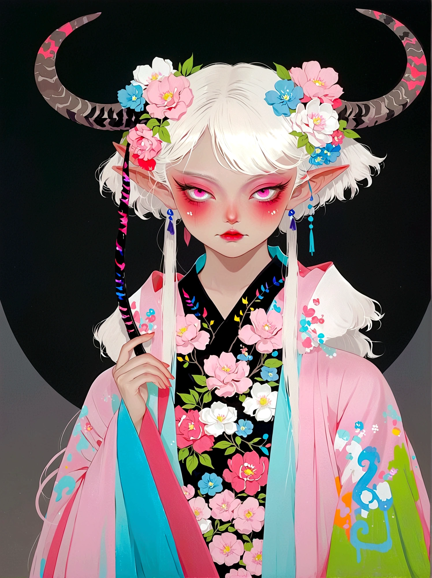 Girl with pink horns on her head，Pink eyes，Phosphor，Neat short hair，Japanese clothing，Japanese horror style Japanese pop surrealism, 
