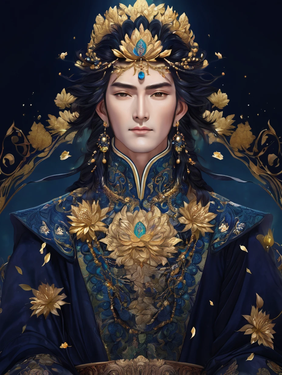 a close up of a man in a ornate dress with flowers in his hair, trending on cg society, fantasy art, ((a handsome fantasy emperor)), a beautiful fantasy emperor, anime god, gilded lotus prince, 8k high quality detailed art, portrait fine art, beautiful and elegant king, beautiful celestial mage, flowers, lavish.