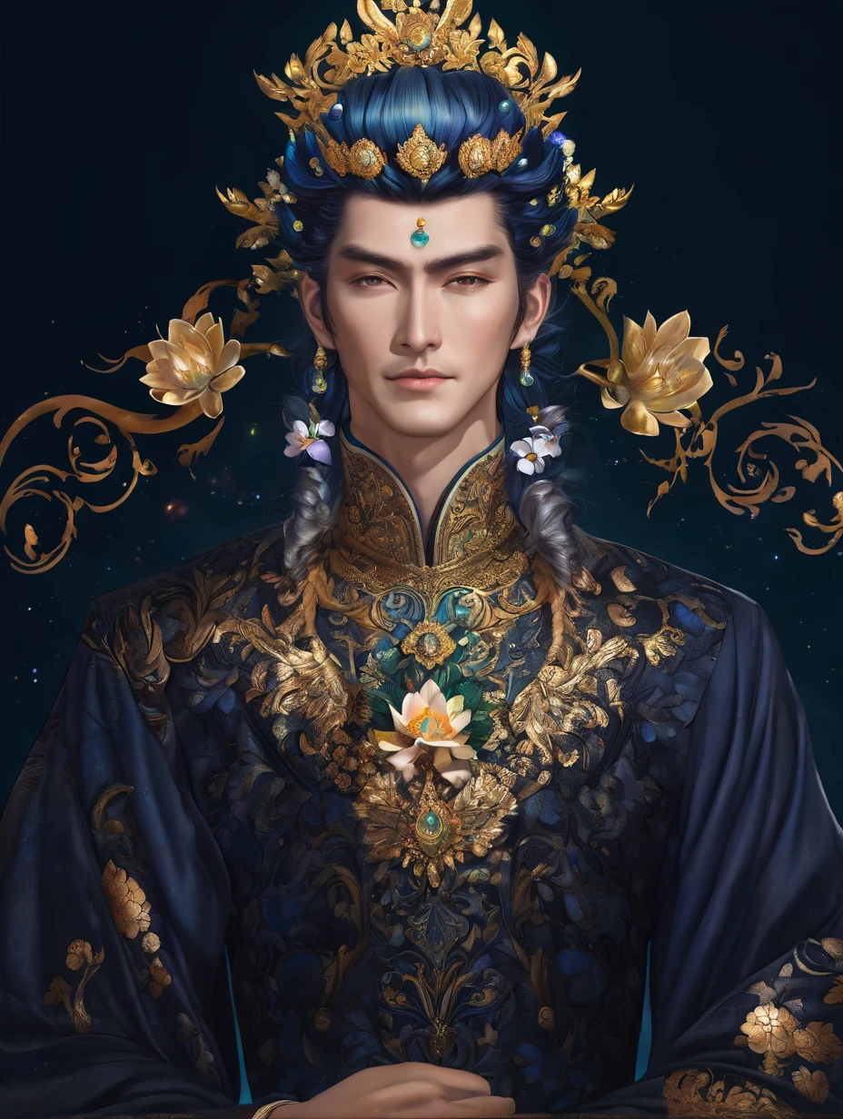 a close up of a man in a ornate dress with flowers in his hair, trending on cg society, fantasy art, ((a handsome fantasy emperor)), a beautiful fantasy emperor, anime god, gilded lotus prince, 8k high quality detailed art, portrait fine art, beautiful and elegant king, beautiful celestial mage, flowers, lavish.