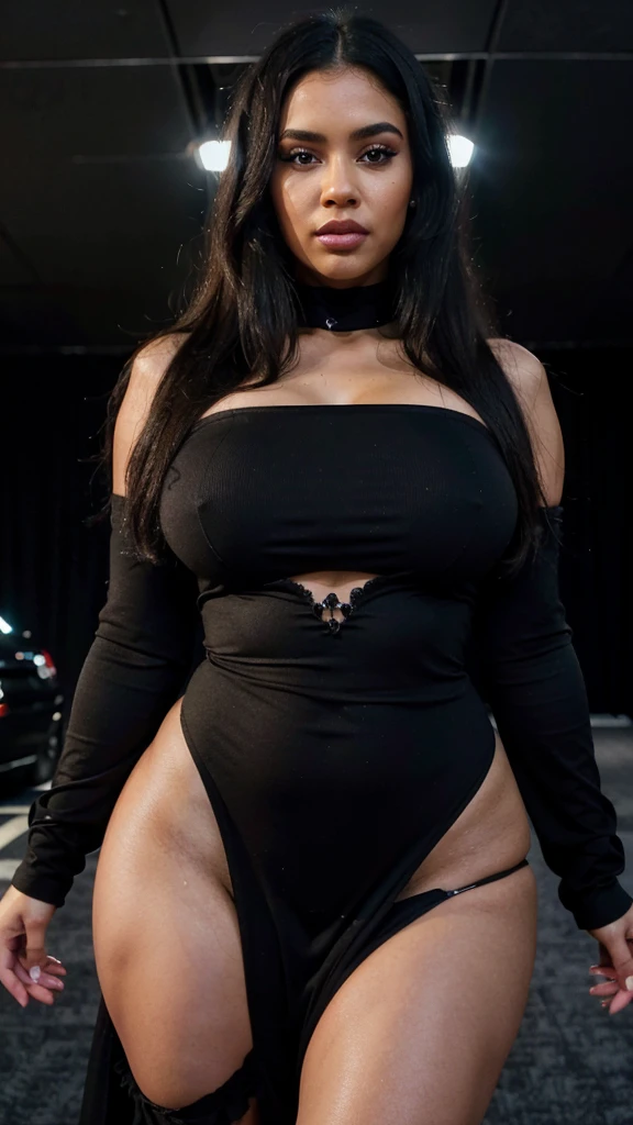 A curvy black woman with big breasts, wearing a black dress and long straight black hair, posing on the red carpet, (best quality,4k,8k,highres,masterpiece:1.2),ultra-detailed,(realistic,photorealistic,photo-realistic:1.37),detailed eyes,detailed lips,extremely detailed face,long eyelashes,high fashion,glamorous,dramatic lighting,vibrant colors,cinematic,award show
