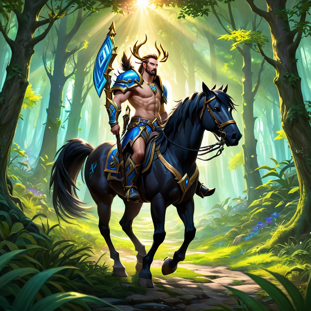 Full body of World of Warcraft style illustration of a male man centaur in the woods, imposing god, a centaur,horse tail, centaur from greek mythology, centaur, art by Wei Wang, Wow, World of Warcraft Concept Art, trending on Artstation, hearthstone card artwork, world of warcraft art style, Centauro, hearthstone card game artwork, Concept Art, Side profile, sunlight, Cinematic, sharp focus, vibrant colors,high saturation,high contrast,very high resolution,HDR,8k