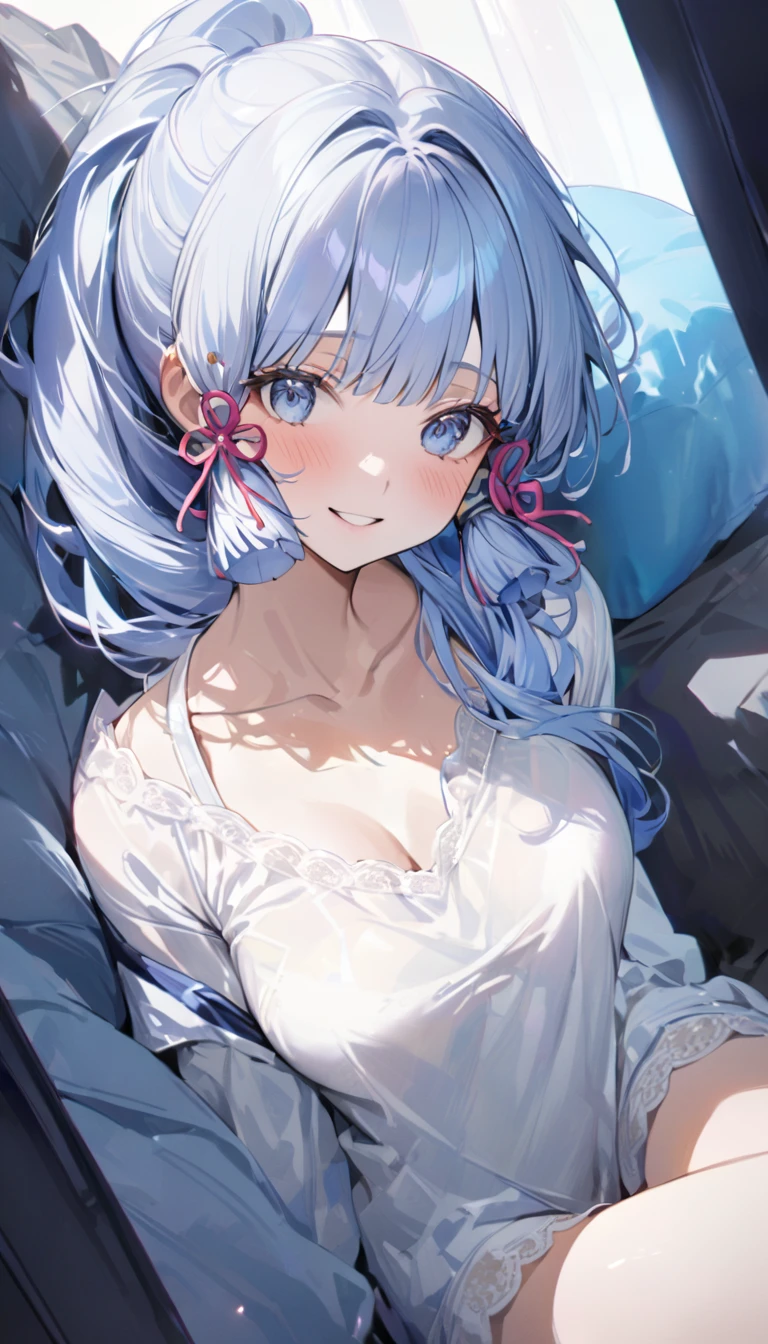 Ayaka, Blue long hair, Pretty Face,Smile,Close to hip, Medium breasts, Sitting on the bed, Wearing beautiful white pajamas, (open mouth:0.4),illustration,Detailed texture(Realist),Extremely detailed,Portrait Style,Bright colors,Soft lighting, blush, Mature, No, Flying hair, Breast tenderness