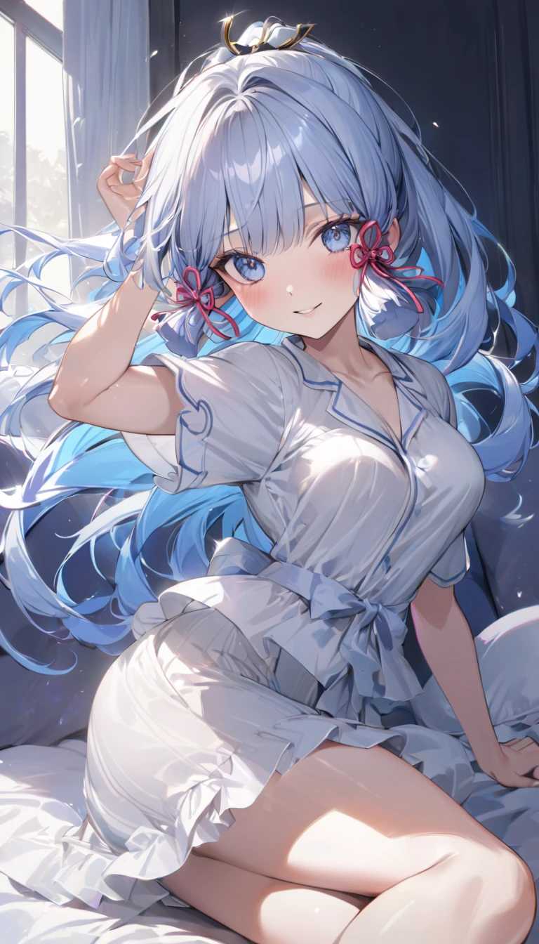 Ayaka, Blue long hair, Pretty Face,Smile,Close to hip, Medium breasts, Sitting on the bed, Wearing beautiful white pajamas, (open mouth:0.4),illustration,Detailed texture(Realist),Extremely detailed,Portrait Style,Bright colors,Soft lighting, blush, Mature, No, Flying hair, Breast tenderness