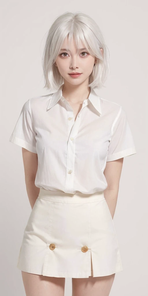 ((masterpiece, best quality)), (1girl), (solo), (female focus), (ahoge, white hair, very long hair), golden eyes, clear smile, open mouth, ((white shirt), (buttoned shirt), (gap button)), ((black skirt), (short skirt)), standing, white background, arms behind back, dynamic angle