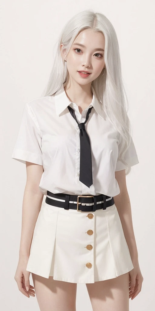 ((masterpiece, best quality)), (1girl), (solo), (female focus), (ahoge, white hair, very long hair), golden eyes, clear smile, open mouth, ((white shirt), (buttoned shirt), (gap button)), ((black skirt), (short skirt)), standing, white background, arms behind back, dynamic angle