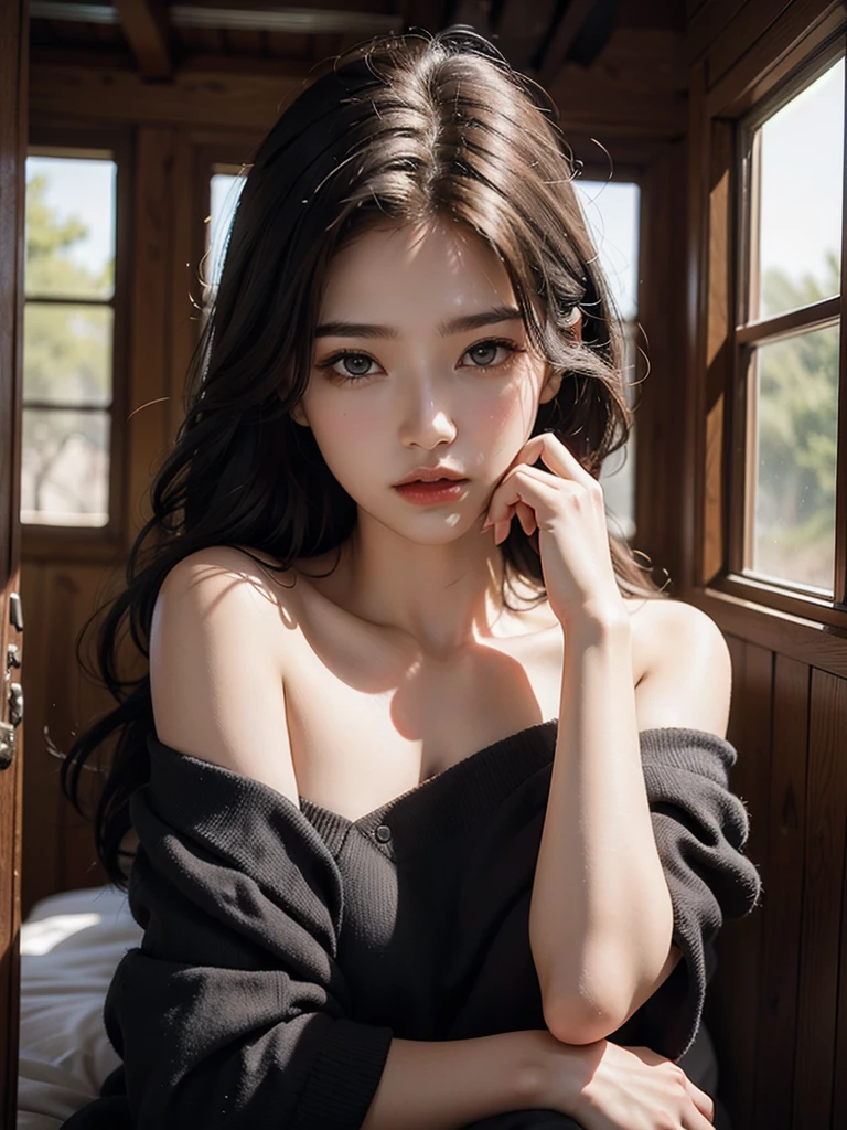 best quality, masterpiece, ultra high res, photorealistic, 1girl, offshoulder, glare