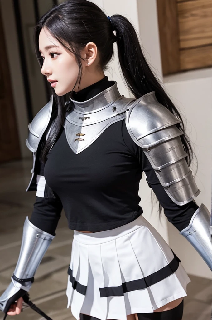 female knight Long Black Hair ponytail White Armor mini skirt