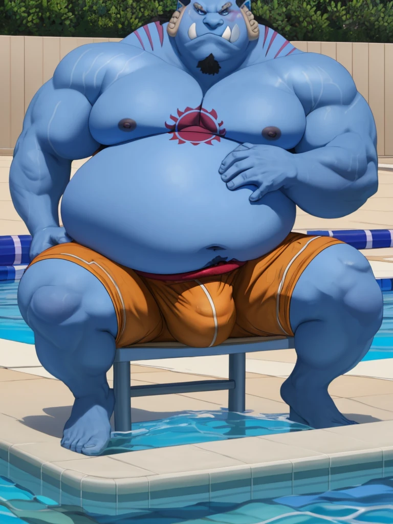 masterpiece, semirealistic:1.2, solo, 1boy, (Huge jinbei sitting in swimming pool, blue skin, underpants, bulge, partial submerged, hand rubbing belly) (fat, obese, huge belly, chubby) (topless, shirtless), pool background, masterpiece, high detailed, 8k, high resolution