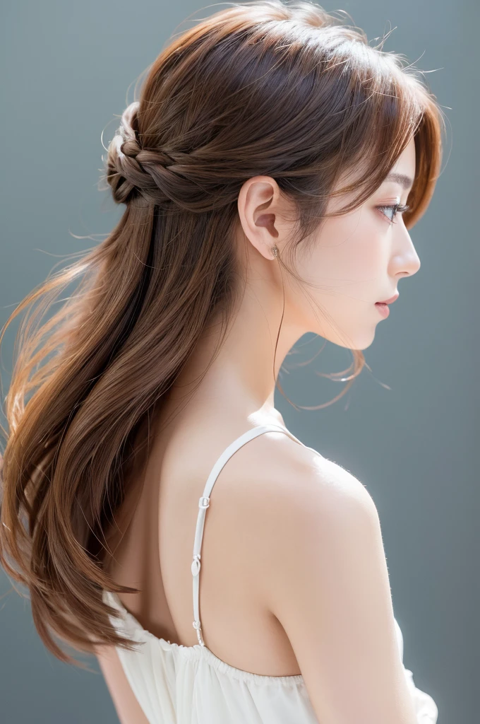 A woman with beautiful hair、Only hair、Back view、photograph、high resolution、straight、natural、White background、Smooth、Fluttering