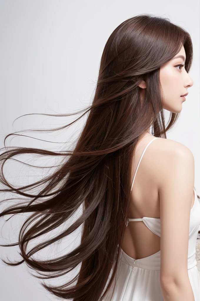 A woman with beautiful hair、Only hair、Back view、photograph、high resolution、straight、natural、White background、Smooth、Fluttering