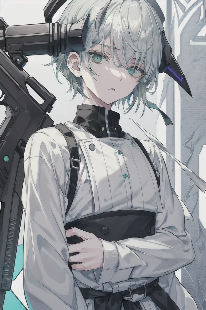 detailed、Droopy eyes、Beautiful eyelashes、Green Eyes、short hair、Gray Hair、Pure white hair color、Upper Body、8K.gun、boy、cyber-clothes、Brave face、Vibrant colors、Strong color scheme、Background Black、Flying hair、No cut-off、Vivid Color、Goat horns、From waist to head、