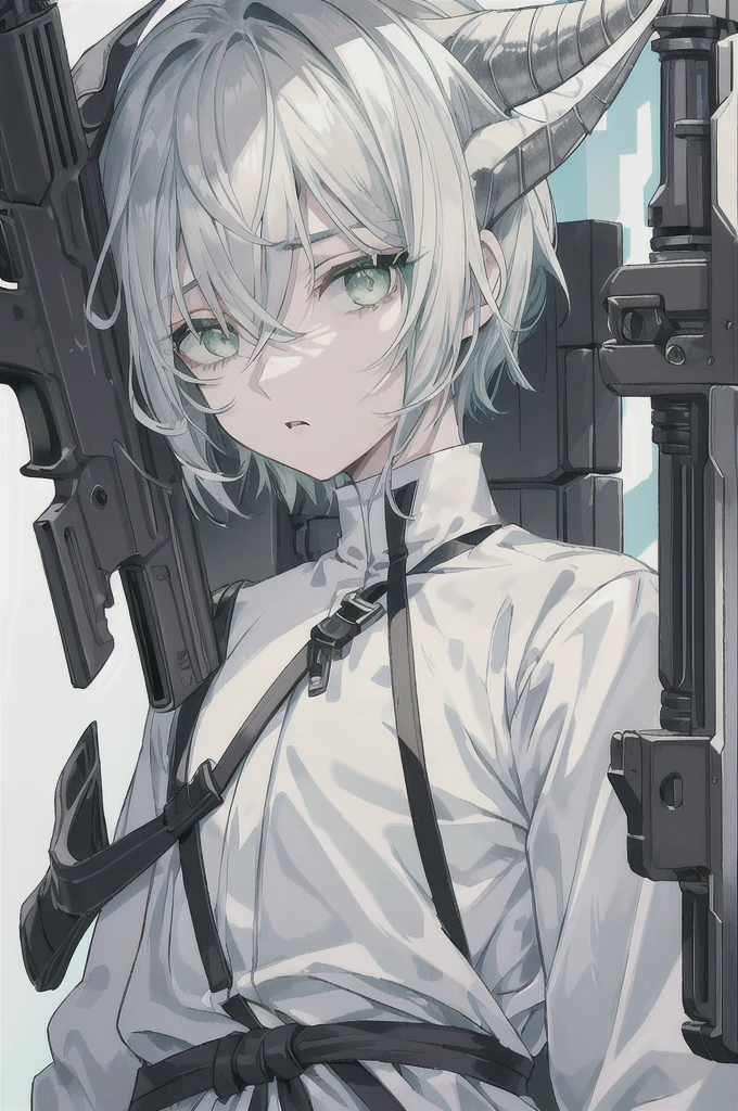 detailed、Droopy eyes、Beautiful eyelashes、Green Eyes、short hair、Gray Hair、Pure white hair color、Upper Body、8K.gun、boy、cyber-clothes、Brave face、Vibrant colors、Strong color scheme、Background Black、Flying hair、No cut-off、Vivid Color、Goat horns、From waist to head、