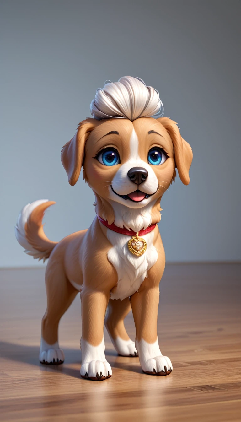 4d photographic image of full body image of a cute little chibi dog realistic, vivid colors octane render trending on artstation, artistic photography, photorealistic concept art, soft natural volumetric cinematic perfect light,A puppy playing happily in Grandma's yard, with its tail wagging