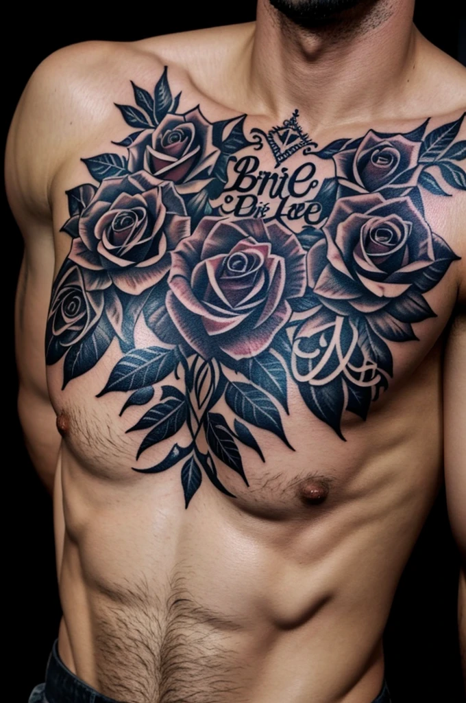 Create a chest tattoo idea with the phrase Born to Die, adding black shadows, letters with colors, adding black roses.