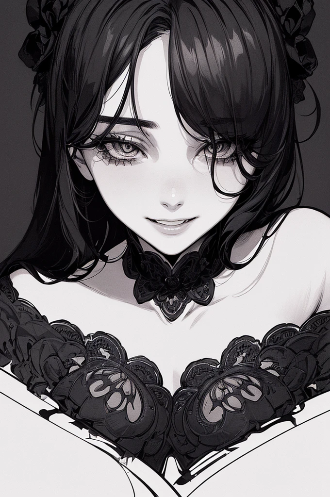 Highest quality, (Background details), High Contrast, Very beautiful woman, Detailed original illustrations、functional、Delicate face、Charm、Villainess、sexy、Real breasts、Crazy Smile, Crazy Eyes, Head close-up, Black background, (Black background: 1.5), Beautiful line art、Monochrome