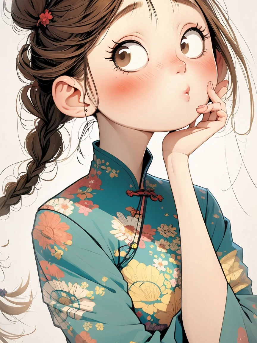 (masterpiece, best quality:1.2), watercolor,cartoonish character design。1 girl, Solitary,big eyes,Cute expression,Two braids,cheongsam,portrait,interesting,interesting,Clear lines,Leave blank,