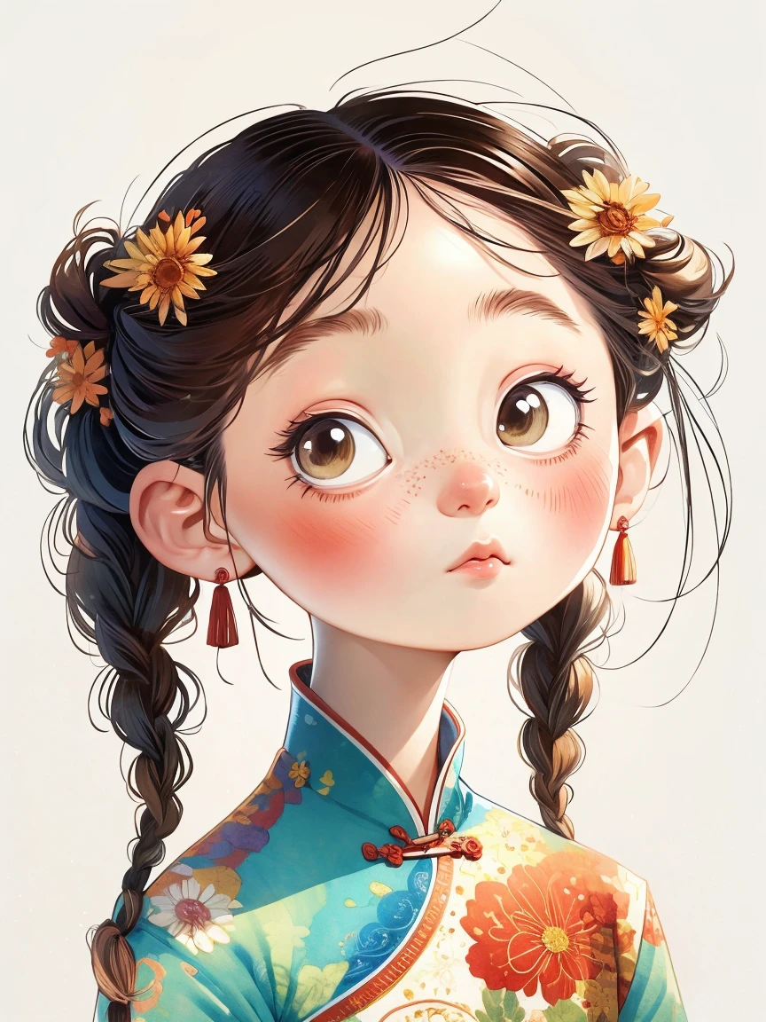 (masterpiece, best quality:1.2), watercolor,cartoonish character design。1 girl, Solitary,big eyes,Cute expression,Two braids,cheongsam,portrait,interesting,interesting,Clear lines,Leave blank,