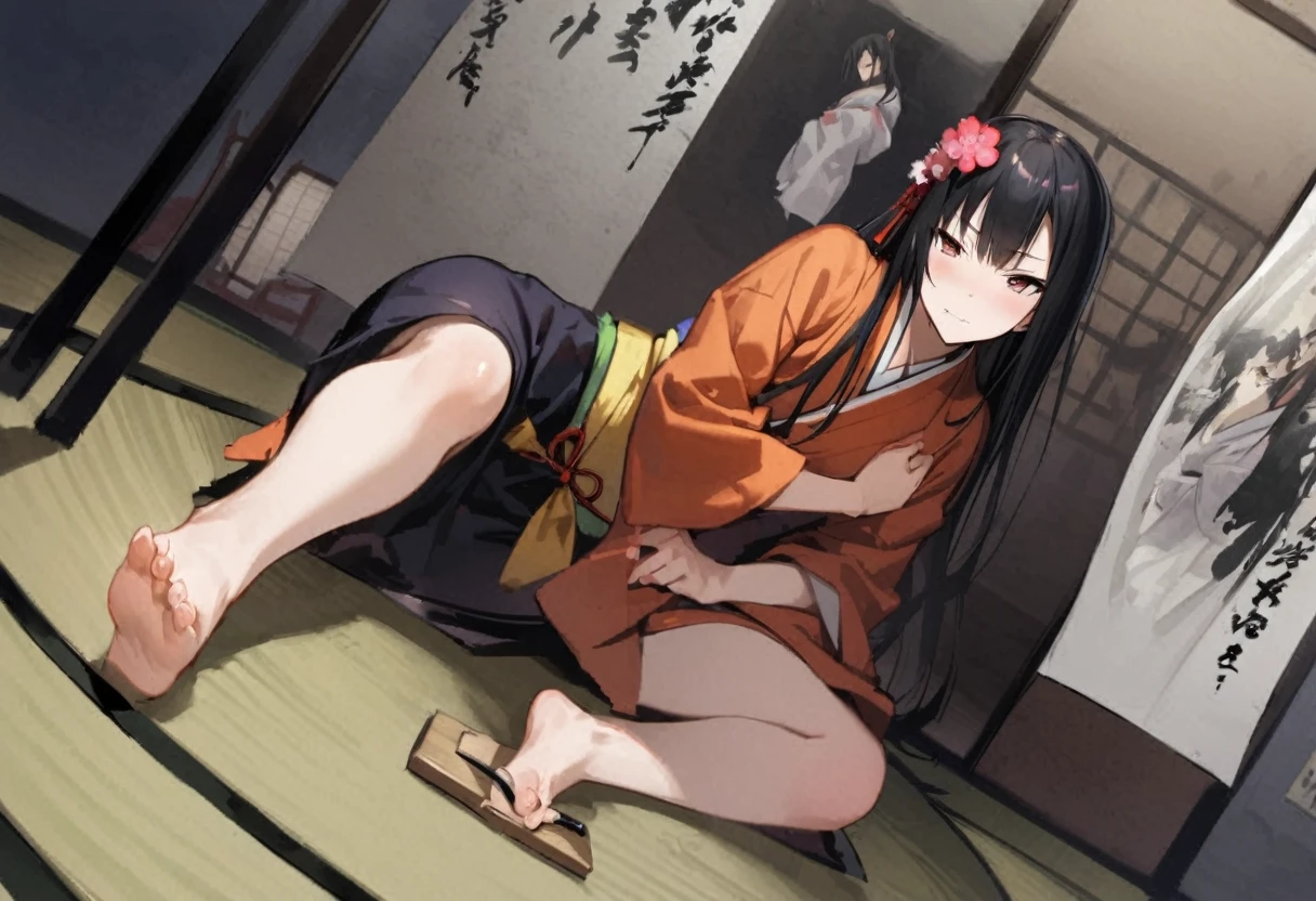 Zashiki-warashi、Japanese style、Shoji screen、tatami、Haunted House、darkness、Late Night、kimono、Bob、Girl、Girl、Younger、Baby Face、flat chest、Black Long Hair、Dynamic Angle、A faint smile、Squinting、ball、Flower Hair Ornaments、Geta or bare feet
