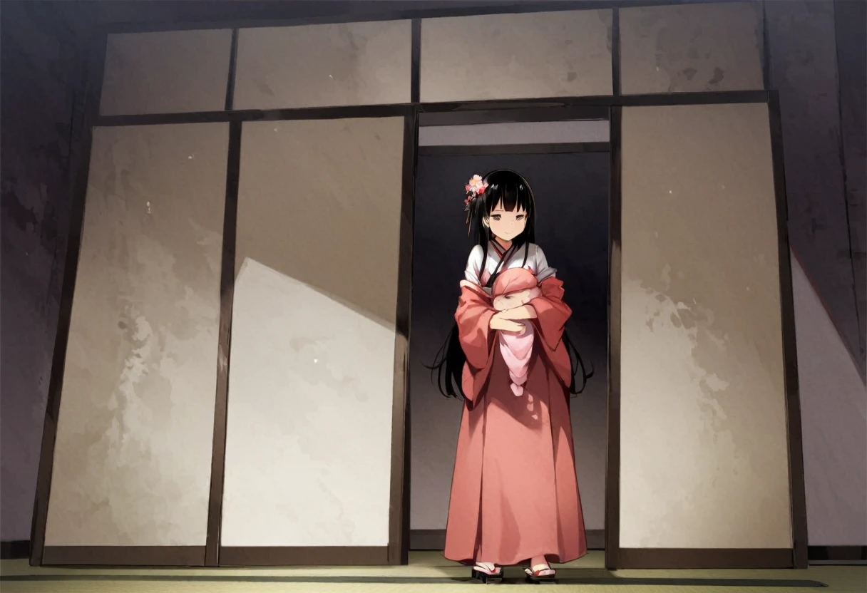 Zashiki-warashi、Japanese style、Shoji screen、tatami、Haunted House、darkness、Late Night、kimono、Bob、Girl、Girl、Younger、、flat chest、Black Long Hair、Dynamic Angle、A faint smile、Squinting、ball、Flower Hair Ornaments、Geta or bare feet