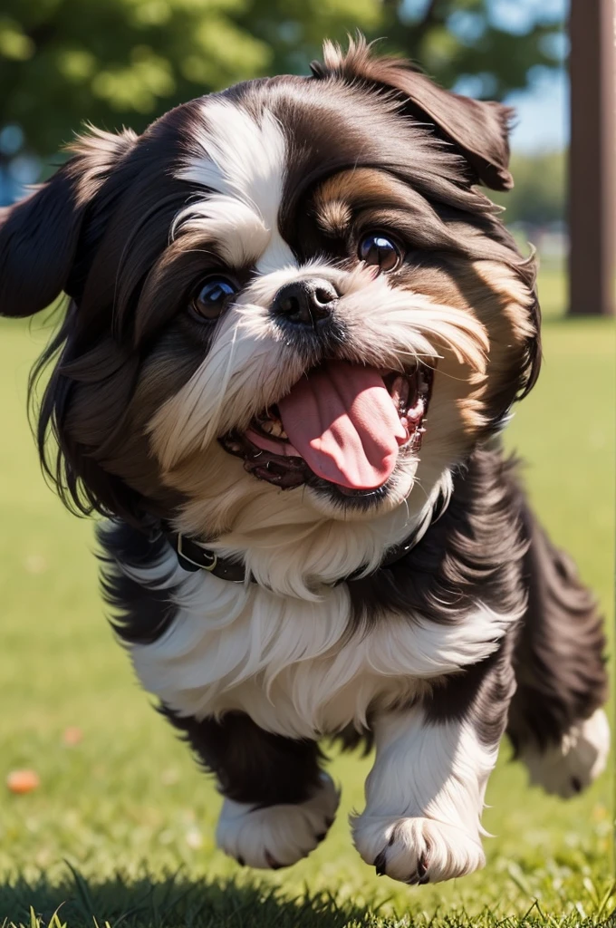 Dark brown male Shihtzu with tongue out and excited in a park