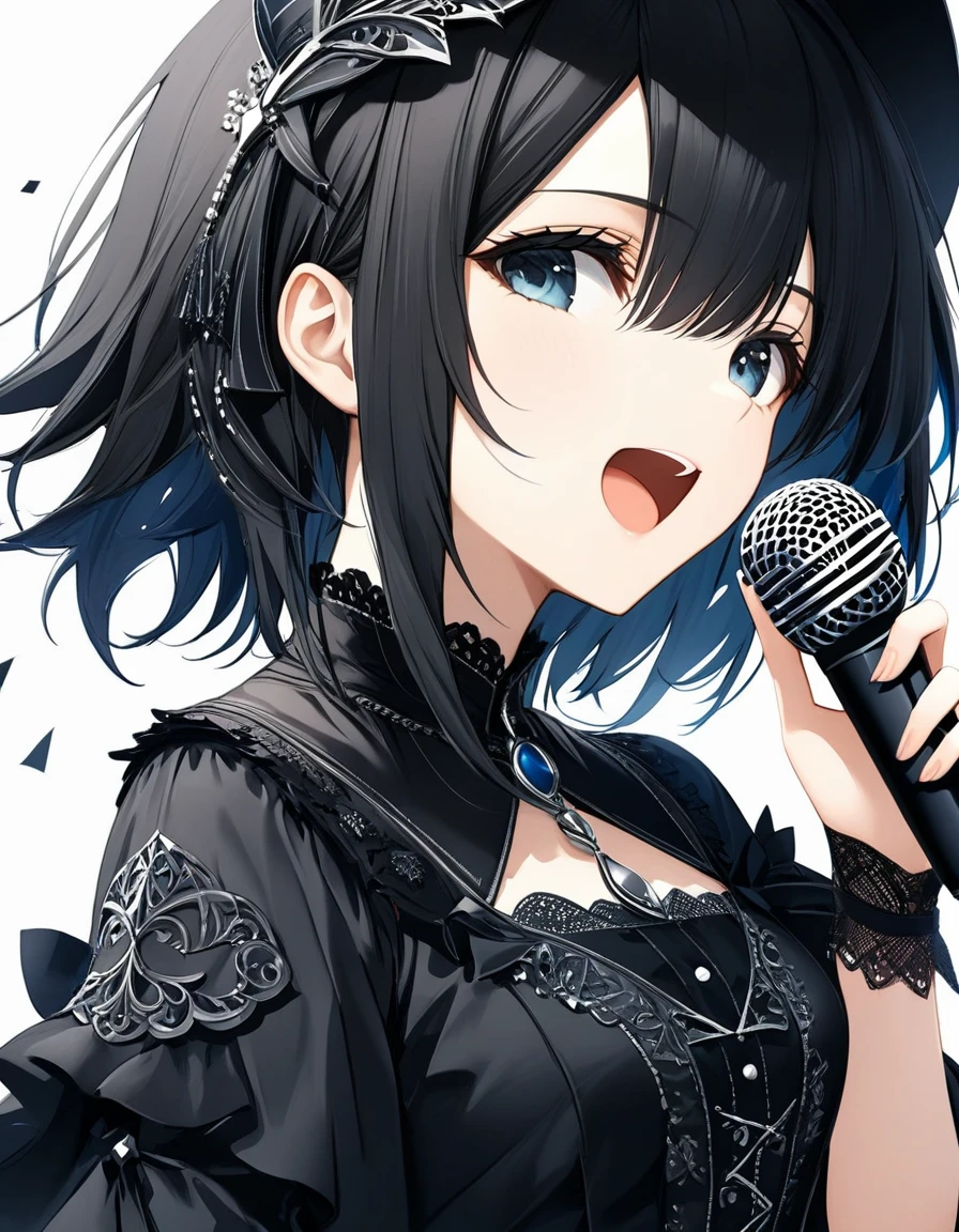 (((White background:1.2)))、(masterpiece、Ultra HD、high quality、4K)、(Scandinavian gothic metal girl holding a microphone and singing with her mouth open), (((very wide shot:1.2))),Highly detailed eyes, Detailed hand and fingers、Short black hair、Black Gothic Dress、Stylish outfit,Shorts、Dynamic pose、Dynamic、(profile)、(Grab the microphone)、smile,(((Look up to the sky:1.2)))
