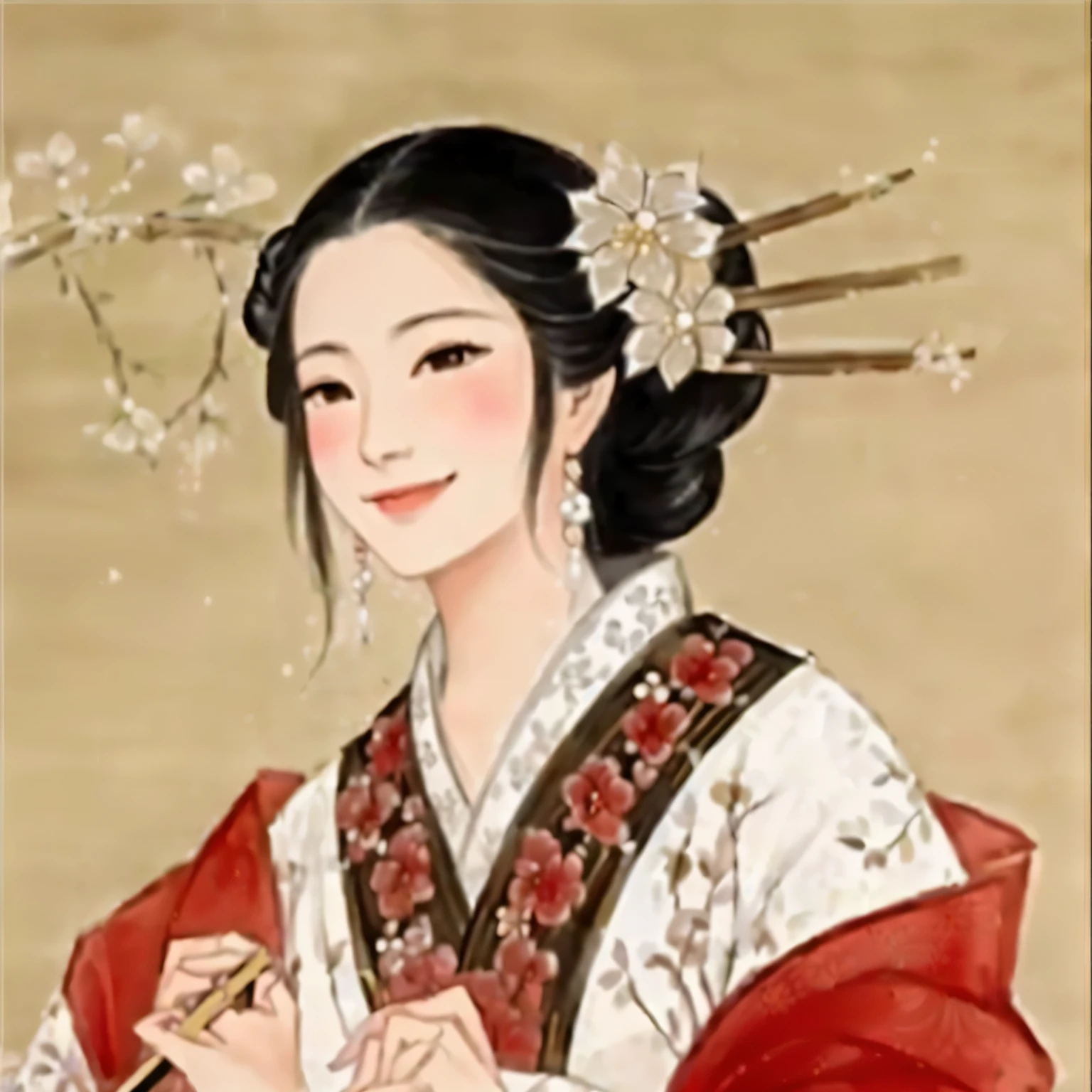 arafed chinese princess in a hanfu dress smiling and looking to the camera, ancient chinese beauties, ancient chinese princess, ancient china art style, wearing two white flower and three stick headdress , a girl in hanfu, traditional chinese, untra ralistic, master piece