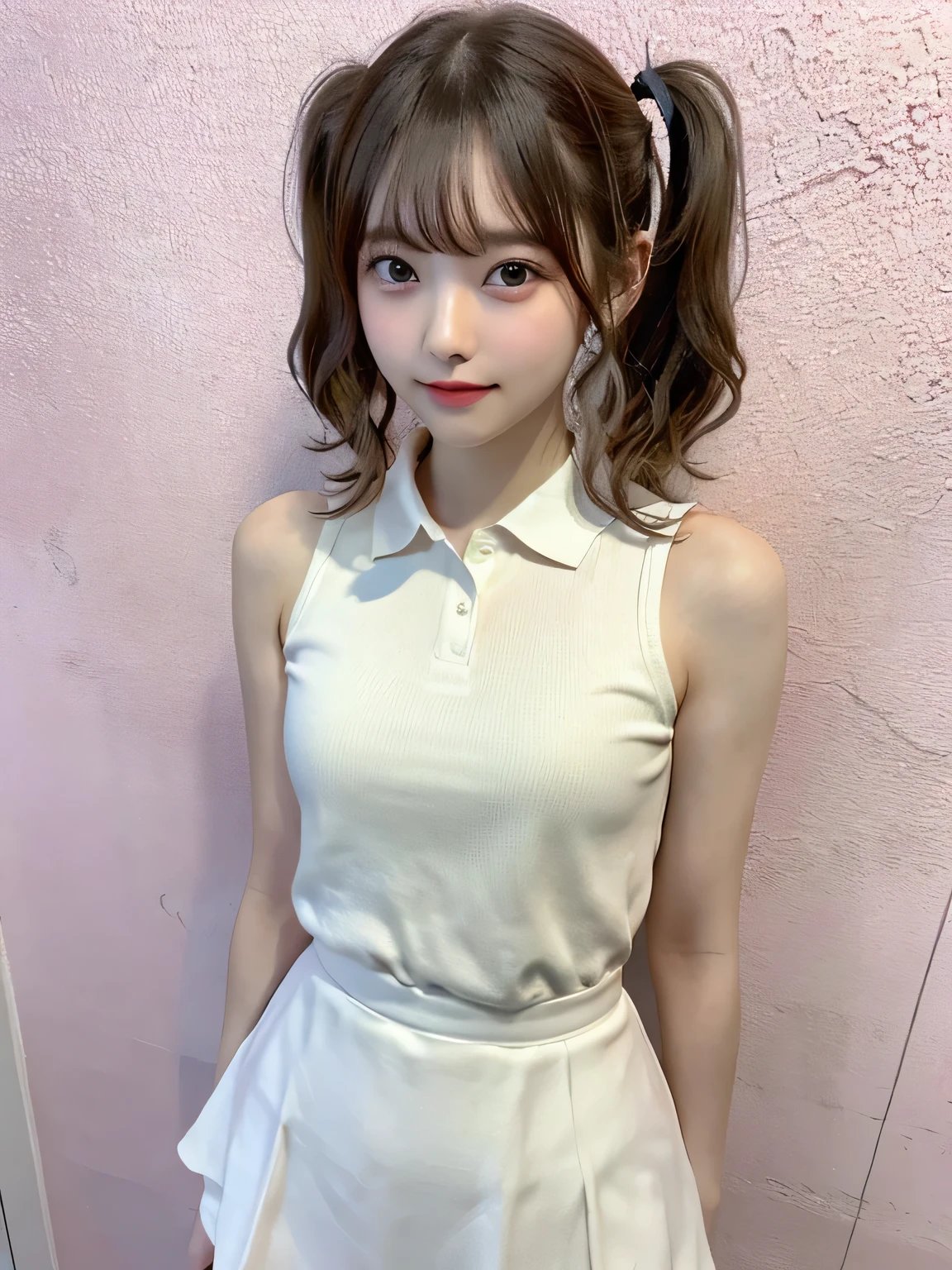 one person、13 years old、Full body photo,slender、woman、White drool coming out of the mouth、smile、、Wearing thin round frame glasses、Short Twin Tails、 Fair skin, messy hair, super cute、Soft and Face、8K resolution、surreal、Ultra high definition、 A-cup small breasts((Highest resolution、8K、masterpiece:1.3))、Ultra-fine face、Ultra Fine Lips、Beautiful Eyes、double eyelid,Pink wall、Sleeveless green polo shirt、White Skirt、Thighs、thin,Thighs are visible、Shapely small breasts、sexly、So cute!