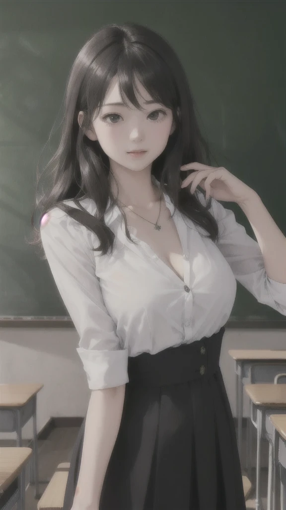 (Highly detailed CG Unity 8k wallpaper)、(masterpiece)、(Highest quality)、(Super detailed)、(Best illustrations)、(Best Shadow)、Ultra-high resolution、(Real、Photorealistic:1.2)、(Beautiful student teacher:1.4)、Dark brown long hair、(Large Breasts:1.2)、(No.3Unbutton:1.2)、(School classroom:1.4)、(Nogizaka style dress:1.4)、(Lady-like:1.2)、(Cute Necklace:1.2)、Puffy eyes、(Stand at the podium with the blackboard behind you:1.2)、(Close-up)、High contrast light、Upper Body