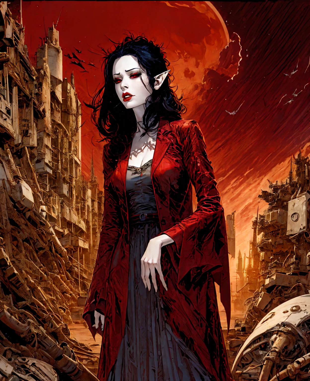 a devilish woman with black hair, pale skin, and red eyes, wearing an elf-like costume, in a dark and mysterious setting,