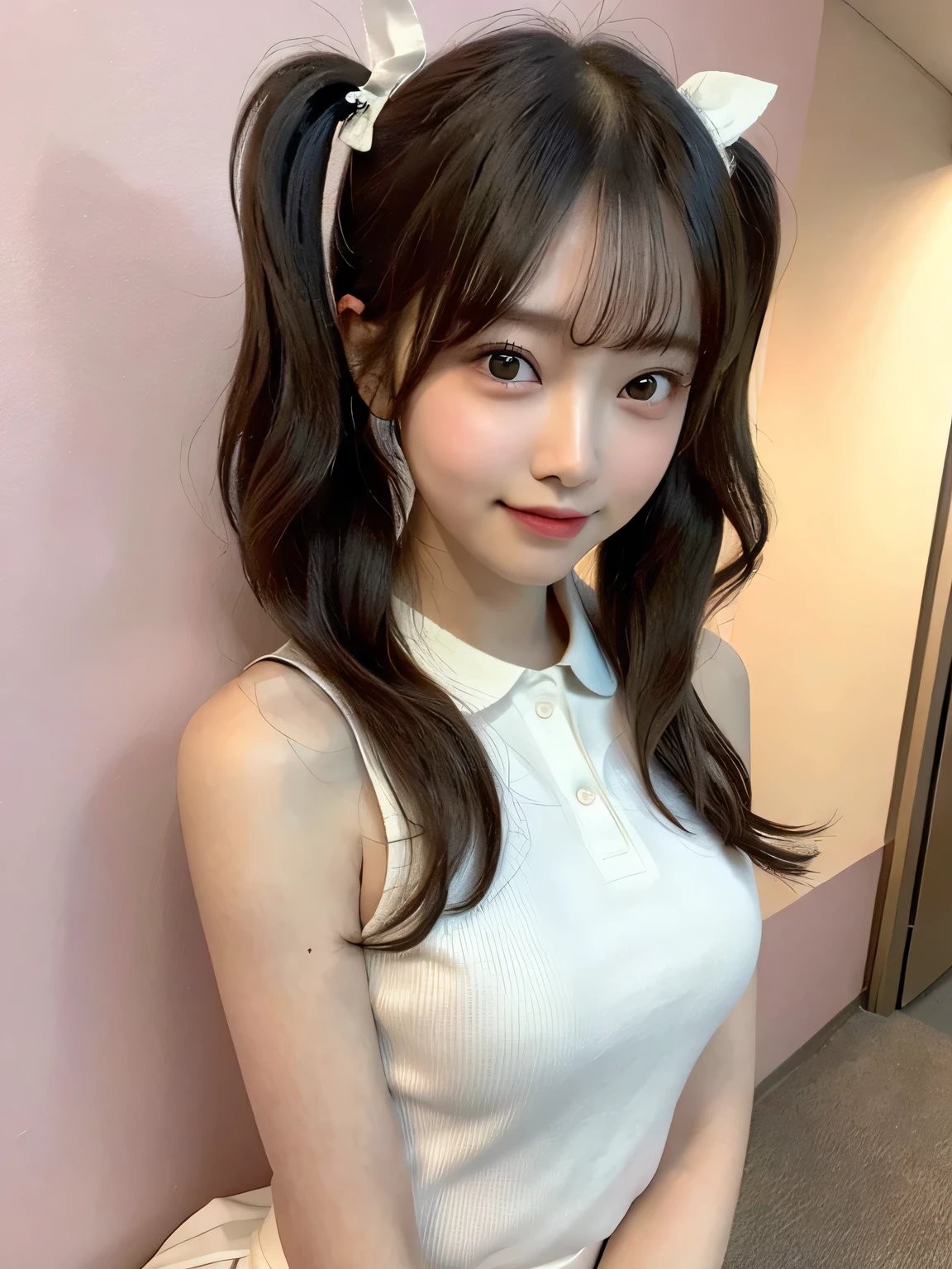 one person、13 years old、Full body photo,slender、woman、White drool coming out of the mouth、smile、、Wearing thin round frame glasses、Short Twin Tails、 Fair skin, messy hair, super cute、Soft and Face、8K resolution、surreal、Ultra high definition、 A-cup small breasts((Highest resolution、8K、masterpiece:1.3))、Ultra-fine face、Ultra Fine Lips、Beautiful Eyes、double eyelid,Pink wall、Sleeveless green polo shirt、White Skirt、Thighs、thin,Thighs are visible、Shapely small breasts、sexly、So cute!