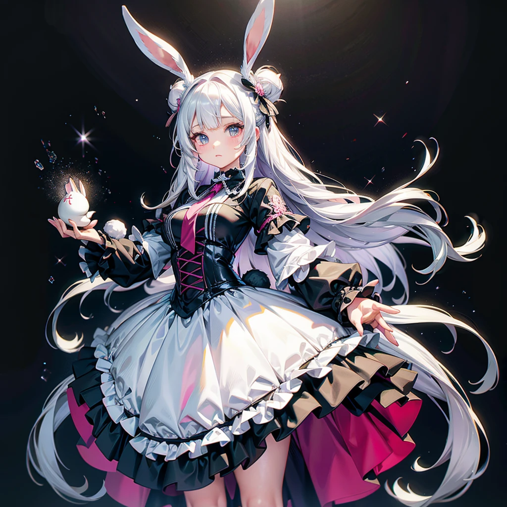 Focus on the face、Handsome face、Dynamic configuration、((Perspective Lens, Woman with long milky white hair, Dynamic pose with a calm expression, Holding something large with both hands, Stuffed rabbit )) ((Pure Black Background:1.2)),Anime Style、detailedな目、Early 20s,Shooting on the move,Her long braided hair sways. Her outfit is reminiscent of Gothic ta,Black and pink color palette,Playful.,Neon color line fractal art、Super huge、whole body、detailed、