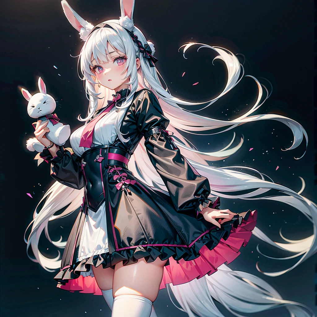 Focus on the face、Handsome face、Dynamic configuration、((Perspective Lens, Woman with long milky white hair, Dynamic pose with a calm expression, Holding something large with both hands, Stuffed rabbit )) ((Pure Black Background:1.2)),Anime Style、detailedな目、Early 20s,Shooting on the move,Her long braided hair sways. Her outfit is reminiscent of Gothic Lolita,Black and pink color palette,Playful.,Neon color line fractal art、Super huge、whole body、detailed、