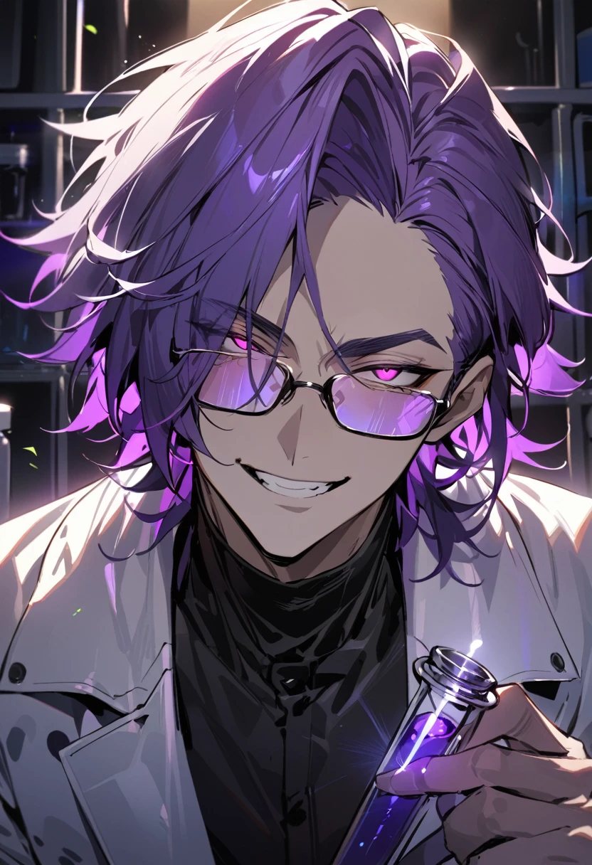 (masterpiece, best quality), detailed face, solo, 1man, unruly short hair, bishounen, mad scientist, scientist coat, glasses, lens flare, maniacal smile, sharp eyes, glowing eyes, holding science test tube, portrait, in laboratory, dark shadows, contrast, science, handsome, purple hair
