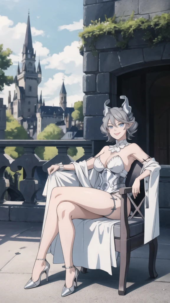 Outside castle top High level image quality best image quality 8K adult woman silver castle outside more colors whole body view portrait bikini horn ears short hair((shortcut)(gray hair)(perm)(fluffy)) eye color is blue , , attractive evil face , smile , sexy pose , labrynth , barearm , wearing white , sitting on chair , crossed legs, view heels , view side