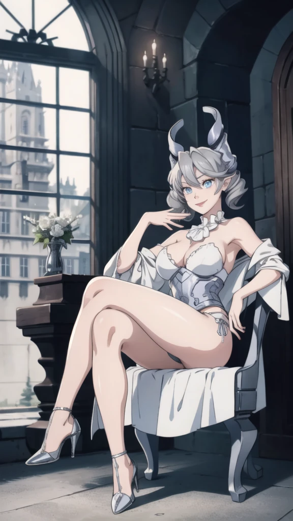 Outside castle top High level image quality best image quality 8K adult woman silver castle outside more colors whole body view portrait bikini horn ears short hair((shortcut)(gray hair)(perm)(fluffy)) eye color is blue , , attractive evil face , smile , sexy pose , labrynth , barearm , wearing white , sitting on chair , crossed legs, view heels , view side