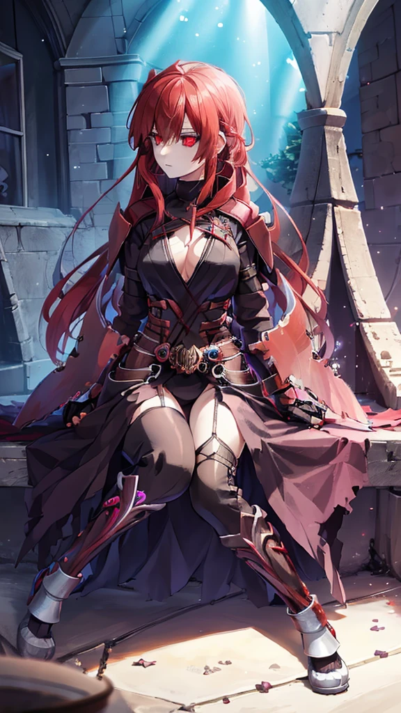 score_9, score_8_up, score_7_up, score_6_up, score_5_up, score_4_up, source_アニメ, tomboy girl, long hair, Bust Cup B , open-chest outfit, Guillotine Cross Set, breastplate, waist armor, Armor, red hair, metal hair accessories, red eyes, Sparkling eyes, sit, His right hand holds a vial of Potions. , Drink Potions Glass Bottle Skull Shaped Clear Glass Crystal Potions Clear Red, light particles, Magical light