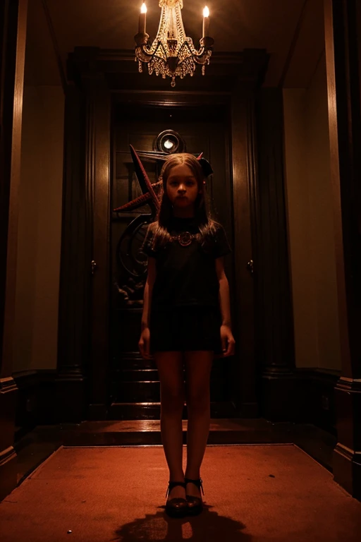 Adorable Young girl () big beautiful eyes blonde hair in a satanic temple worshipping Lord Satan