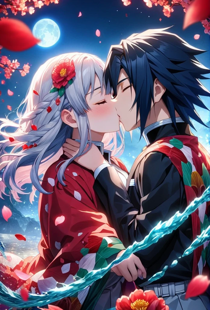 Ultra detailed, highres, absurdres, HDR, master piece, anime girl, pretty woman with white long hair with red streaks, eyes closed, girl with red haori, black demon slayer uniform, Kimetsu No Yaiba, fantasy, petals, red flowers, pretty, Tomioka Giyu, Water Hashira using Tomioka Giyu haori, kiss, romance, magic, moon, best quality, extremely detailed face, love, kissing with closed eyes, romance, anime, they are realy in love