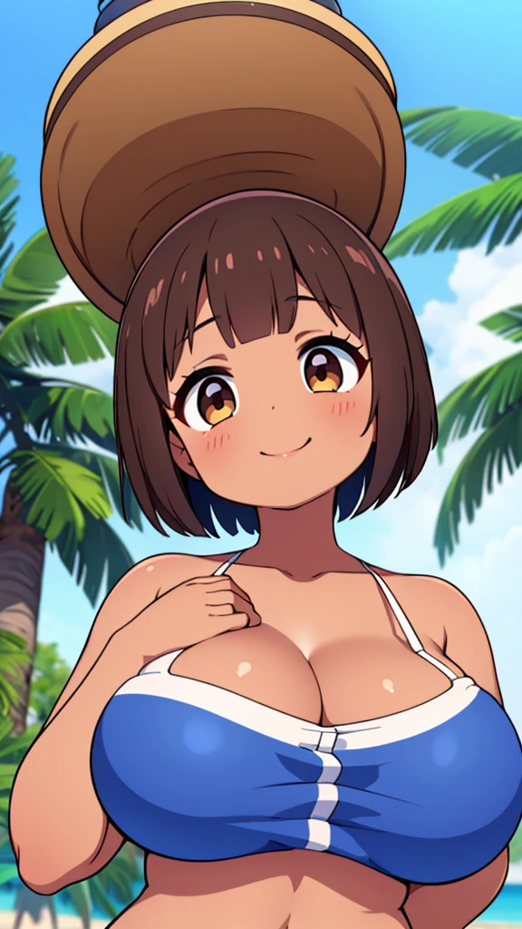 Beautiful young girl , Beautiful round breasts,Bust up front,Beautiful upturned breasts,G-Cup, Narrow waist,Brown skin,Short Bob,Baby Face, bikini top,(((Enlarged view of the upper body))),View from the front, Cleavage is clearly visible,Keep your head upright and smile,ID photo