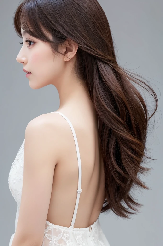 A woman with beautiful hair、Only hair、Back view、photograph、high resolution、straight、natural、White background、Smooth、Fluttering